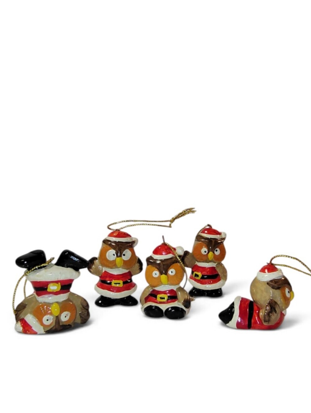 VTG Enesco 5-piece Ceramic Hanging Christmas Ornaments Frolicsome Santa Owls